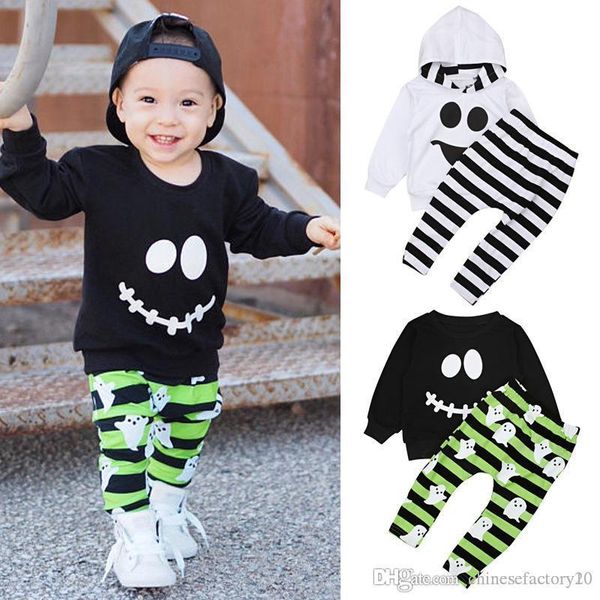 

ins boys halloween long sleeve shirt & stripe pants clothing set hoodie & pants 2 pcs set kids outfit smile face, White