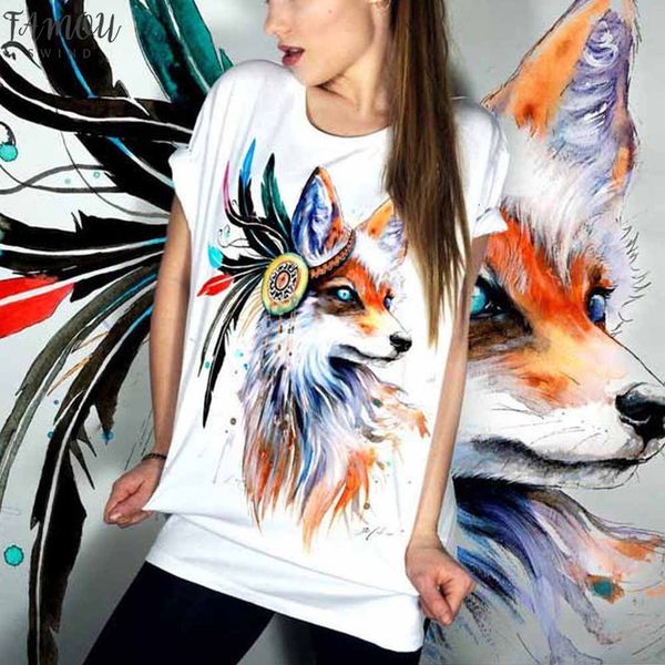 

creative color fox women plus size printing tees shirt short sleeve t shirt t shirt colorful beauty, White
