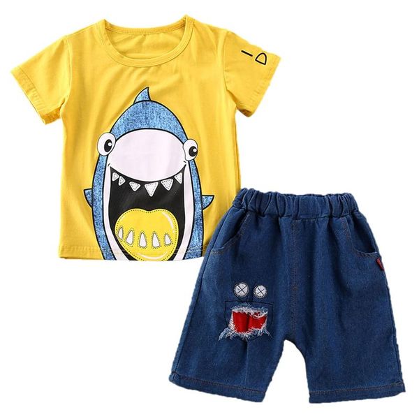 

2020 toddler kids baby boy short sleeves cartoon + hole denim shorts summer outfits set 2pcs, White