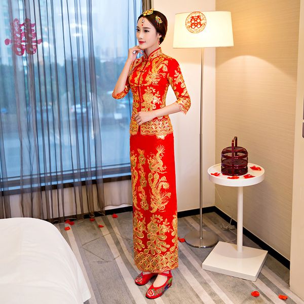 

red embroidery chinese traditional cheongsam qipao dresses long wedding dress oriental wedding gowns bride traditions
