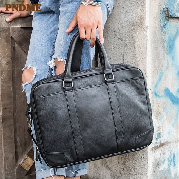 

pndme fashion casual genuine leather men's briefcase business vintage real cowhide black lapshoulder messenger bags