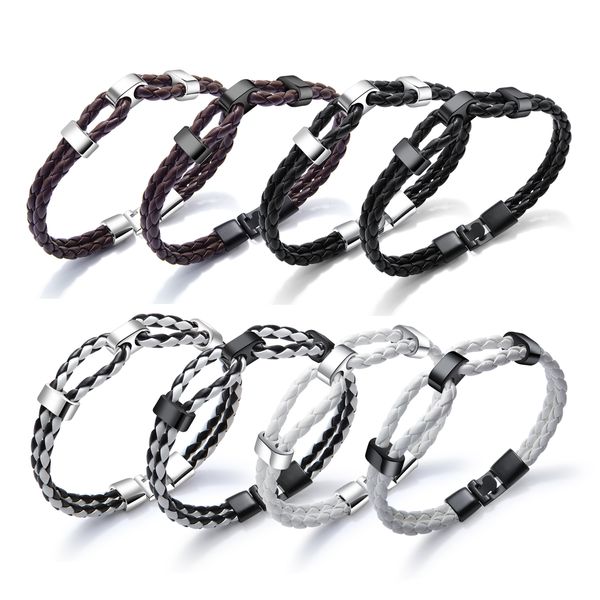 

pu leather bracelets for men double knit stainless steel retro style hand chain mens jewelry for mens gifts, Golden;silver