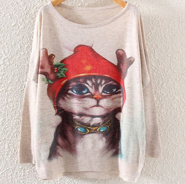 

christmas women winter sweater fashion o-neck bat sleeve squirrel christmas print sleeve long sweater kerst trui #xm4, White;black