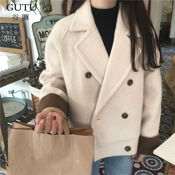 

gutu] autumn spring 2018 new pattern solid color turn-down collar double breasted batwing sleeve cotton loose coat m35812, Black;brown
