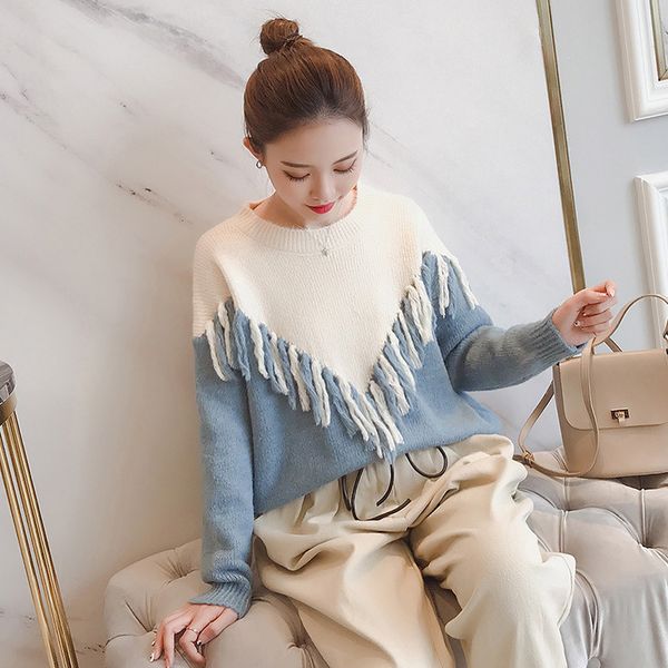 

new fall 2019 pullover loose slouchy sweater schoolgirl blouse lady's sweater, White;black