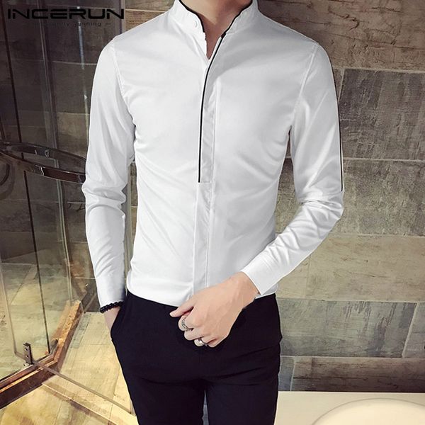 

incerun men dress shirt solid brand long sleeve stand collar fitness clubwear blouse fashion social business men shirts s-5xl, White;black