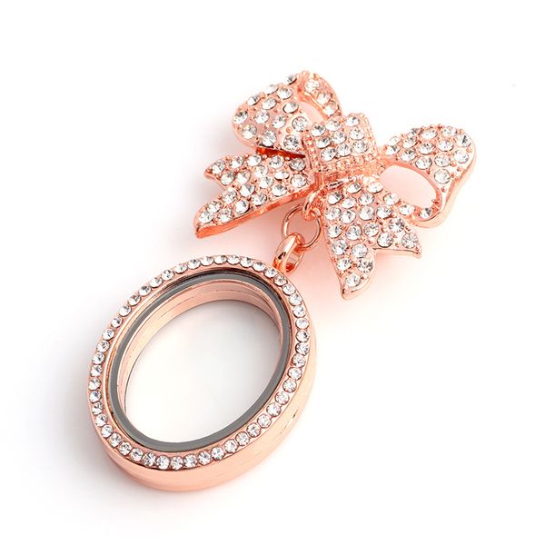 Moda: lega di medaglione con ciondolo galleggiante in memoria di cerchio rotondo con fiocco in oro rosa + collana con ciondolo in cristallo con strass Gioielli fai da te