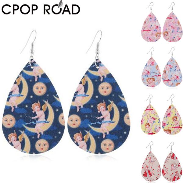 

cpop double-side faux leather earrings for women angel print water drop earring jewelry accessories girl gift wholesale, Silver