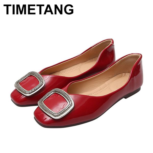 

timetang ballet flats women patent leather flat shoes square toe loafers metal buckle slip on slides big size zapatos mujer red, Black