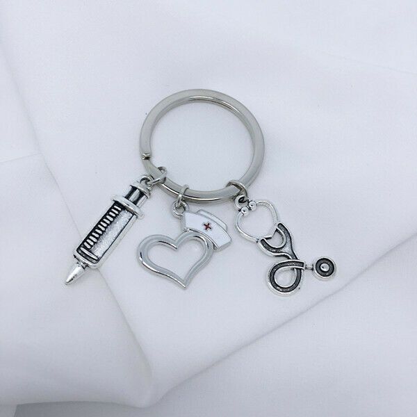 

syringe stethoscope heart-shaped nurse hat charm pendant keychain designer keyring creative couple jewelry medical rescue friend gift, Slivery;golden