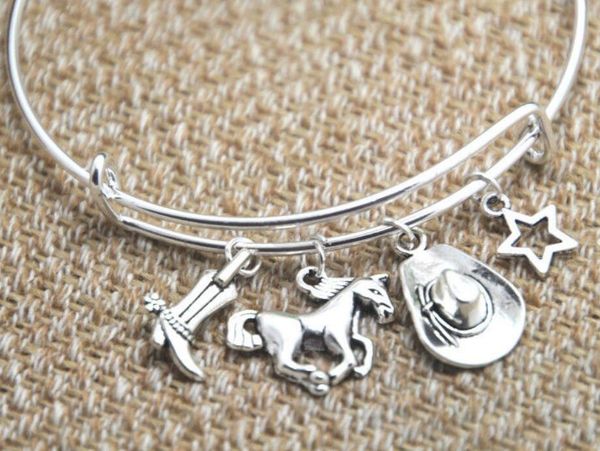 

zinc alloy ancient silver cowgirl boot horse hat star charm bangle bracelet steel ring adjustable designer bracelet women men jewelry gift, Black