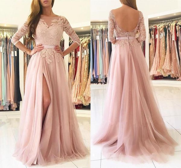 

blush pink сплит длинные вечерние платья 2019 sheer шеи 3/4 длинные рукава аппликация кружева фрейлина страна свадебные платья гость дешевые, White;pink
