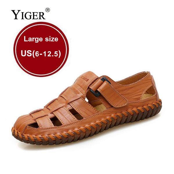 

yiger new men's sandals genuine leather casual beach shoes large size sandals 38-48 oxford soles leisure non-slip 0061, Black