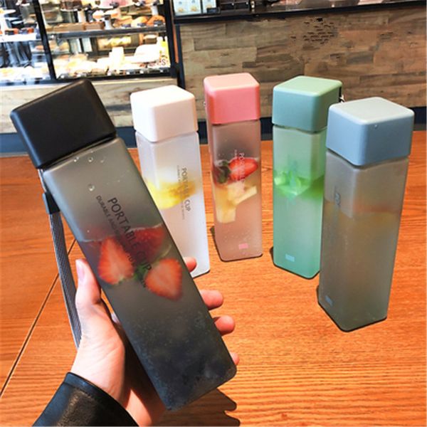 

new square frosted plastic water bottle portable transparent bottle fruit juice leak-proof outdoor sport travel camping bottle