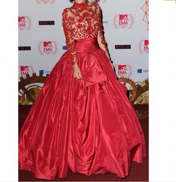 

2019 new evening dresses with sheer long sleeves inspired by rita ora in marchesa fall red high collar guipure lace appliques taffeta 2018, Black;red