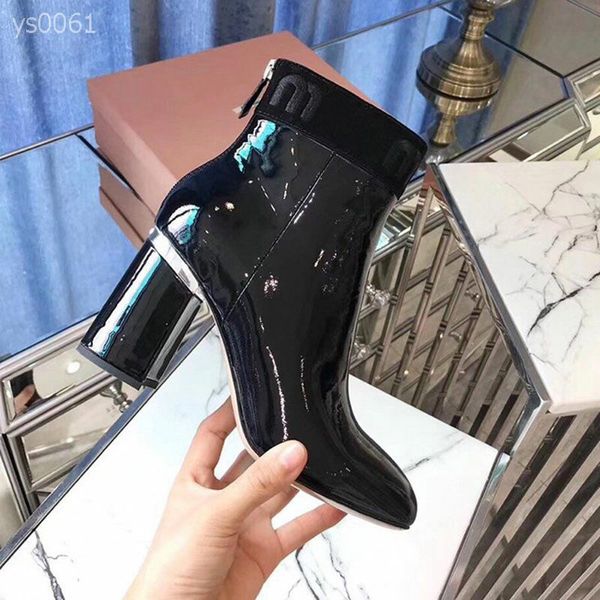 

round toe patent leather high heel short boots women's side zipper autumn and winter new outdoor bright leather thick heel martin boots, Black