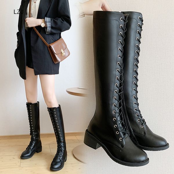 

lzj 2019 women knee boots thick heels zipper lace up women's buckle shoes woman fashion boot punk female plus size drop shipping, Black