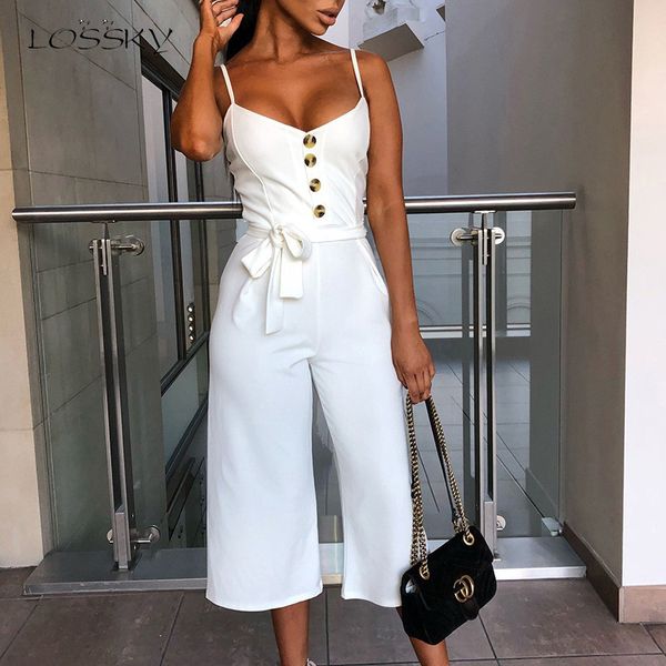 

lossky summer jumpsuit women halter sleeveless straps long jumpsuit casual lace up button wide leg overall elegant, Black;white