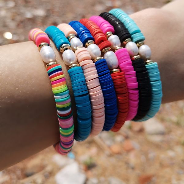

boho 6mm polymer clay bracelet for women handmade adjustable baroque charm bracelet summer female jewelry, Golden;silver