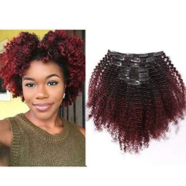 

ombre remy clip in human hair extensions afro kinky curly ombre hair extensions two tone t#1b/99j burgandy wine red full head 120g, Black;brown