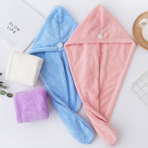 

microfiber bath towel wrap quick drying towel cap hat soft water absorbent hair wrap shower cap with button for wet hair