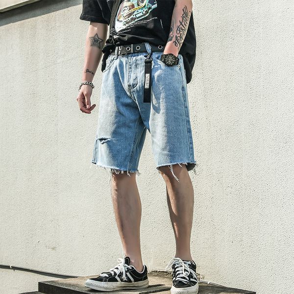 

fashion street style tattered cowboy hole pants new mens denim shorts casual knee length short youth handsome shorts trend male, Blue
