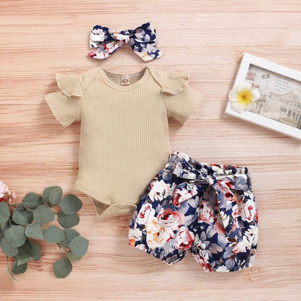 

baby girls toddler girl shorts sets casual short sleeve solid color romper +flower shorts+headband suits costume summer set, White