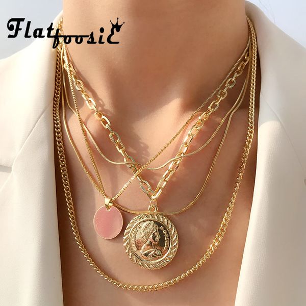 

flatfoosie vintage многослойной длинной регулируемой цепь кулон choker ожерелье мода монета rune queen jewelry женских женщины подарки, Silver