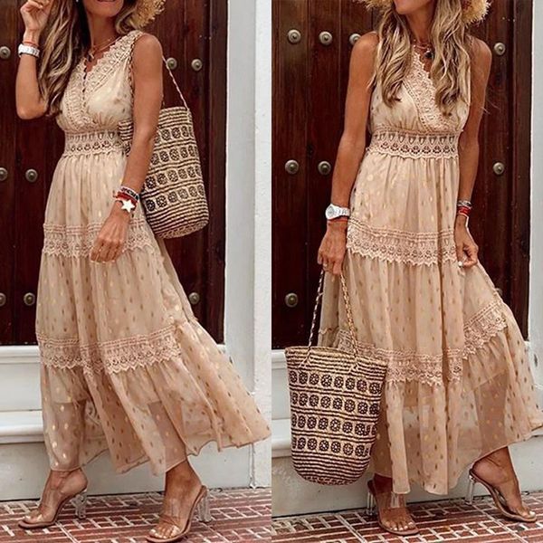 

women's boho deep v neck chiffon patchwork hollow out elegant wrap sleeveless beach party casual maxi dress, Black;gray