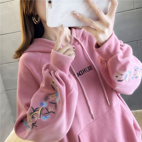 

autumn korean embroidery women hooded sweatshirt 2019 new casual oversize fashion pit loose long sleeved pullover lady clothing, Black