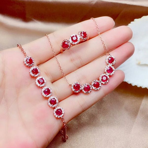 

meibapj natural ruby gemstone sets 925 silver bracelet ring pendant necklace 3-pieces suits fine wedding jewelry for women, Black