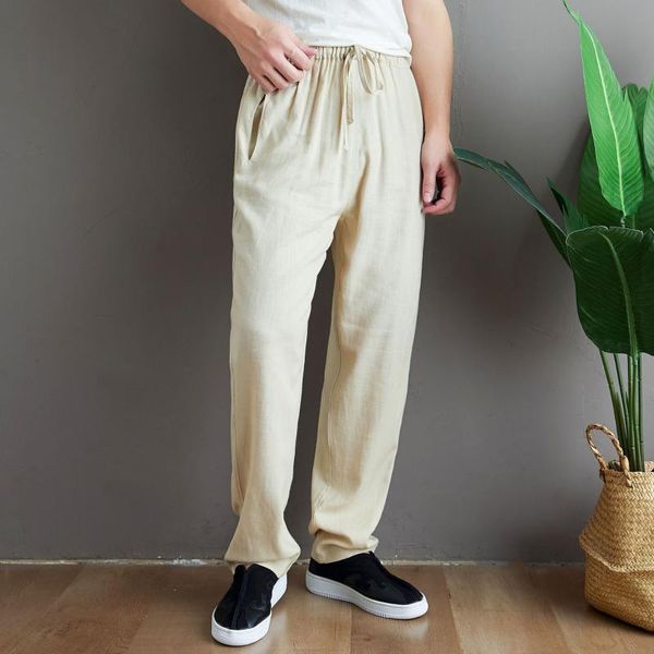 

men's pants 2021 spring straight casual chinese style cotton and linen beige long d228, Black