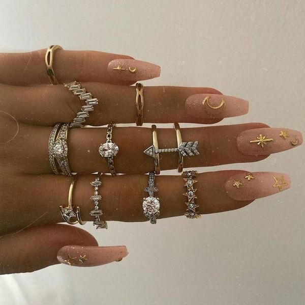 

yobohemian women rings anise star crown cross drops geometry crystal joint gold ring set personality lady wedding jewelry, Golden;silver