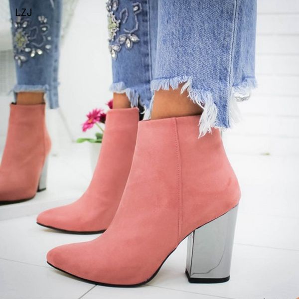 

2019 women shoes ankle pumps flock toe boots solid autumn spring 2019 new high-heeled shoes botas mujer dropship size 35-43, Black