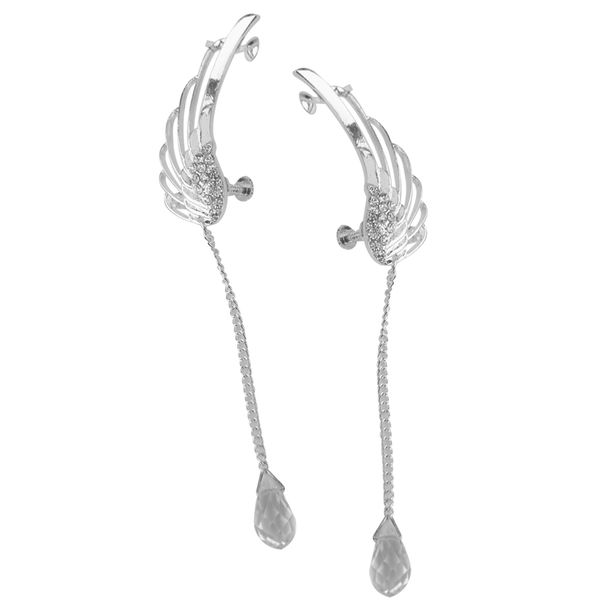 

angel wing crystal chain drop dangle ear cuff clip earrings no piercing, Golden