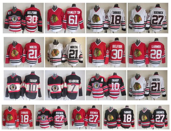 

vintage chicago blackhawks jersey 18 denis savard 27 jeremy roenick 28 steve larmer 30 ed belfour 61 stanley cup ccm hockey jerseys, Black;red