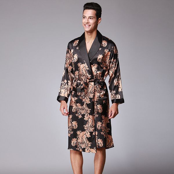 

new men's spring and summer silk pajamas autumn medium and long style home pajamas long sleeve home clothes wholesale, Black;brown