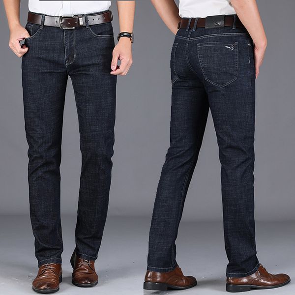 

2019 summer ultra-thin jeans men's high-waisted business straight-cut loose-fit elasticity men's lower apron black and white wit, Blue
