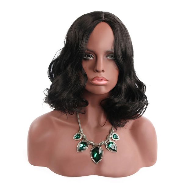 

euro-american selling 16 inch black color long wavy medium hairstyle fashion wigs for black women