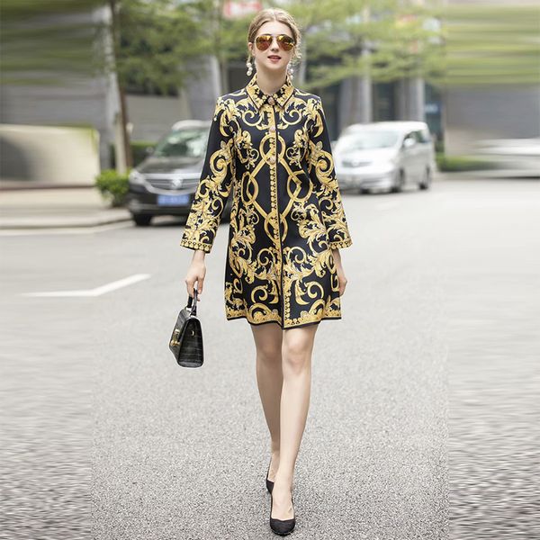 

spring women's elegant temperament windbreaker high street fashion long sleeve luxury baroque totem printing coat, Tan;black
