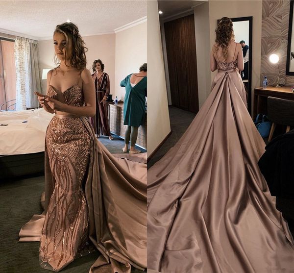 

champagne spaghetti mermaid prom dresses with detachable train vintage sequined evening gown arabic dubai plus size formal prom party gown, Black