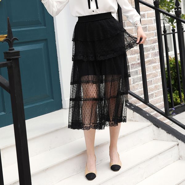 

autumn 2019 new boutique women's 100 pleats elastic waist gauze cake skirt lady 100 skirt skirt highlights fashion, White;black