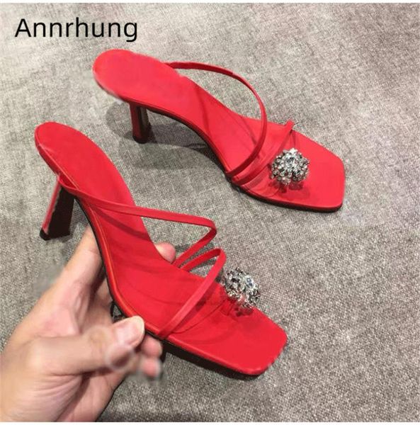 

narrow band flip flops thin high heels split toe crystal rhinestone decor slip-on runway shoes summer slippers women, Black