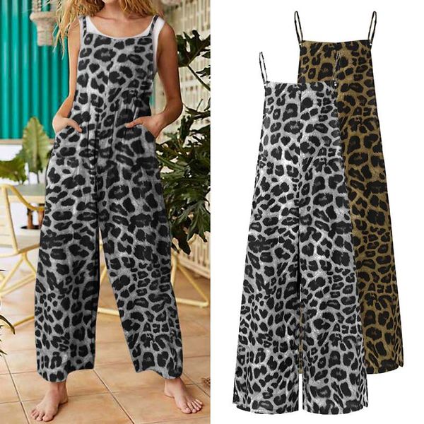 

women wide leg pants jumpsuits rompers vonda 2020 summer overalls sleeveless square collar female leopard palysuits plus size, Black;white