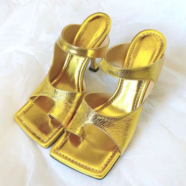 

new women slippers vintage square toe high heels gold sandals slip on stiletto heel ladies dress slides shoes, Black