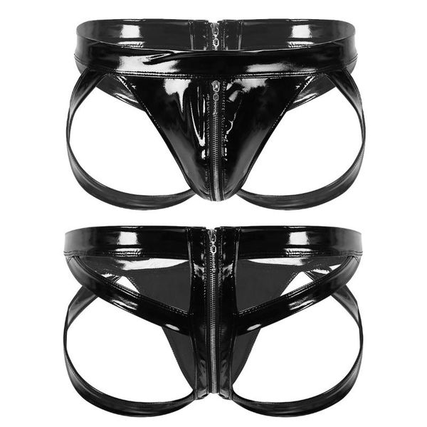 

men's g-strings mens clubwear panties patent leather lingerie low rise bulge pouch cut out double-ended zipper briefs jockstrap underwe, Black;brown