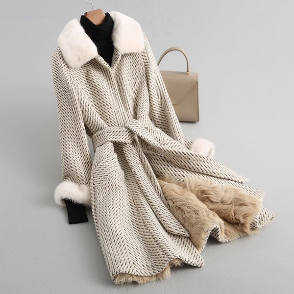 

real fur coat winter jacket women collar warm wool coat female lamb fur liner korean tweed kqn68247-1 my1914, Black
