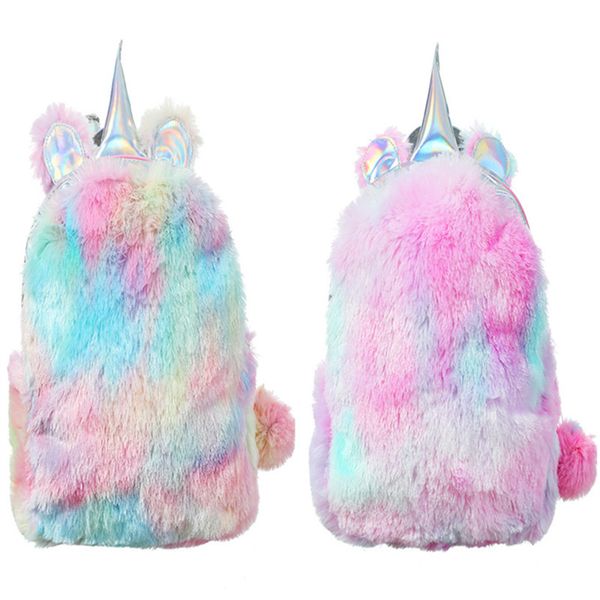 

unicorn plush backpack cute girls shoulder bags tie-dye teenager school bag autumn winter backpacks outdoor travel storage bags knapsack