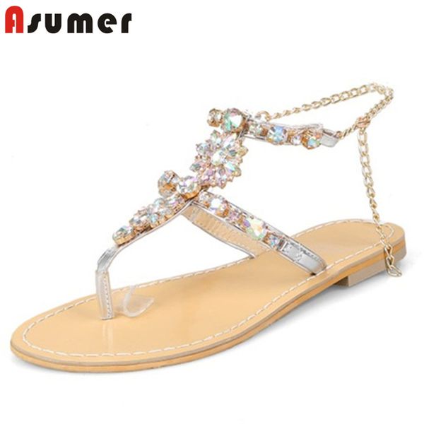 

asumer 2020 big size 50 women sandals crystal buckle summer flip flops comfortable beach party shoes ladies flat sandals, Black