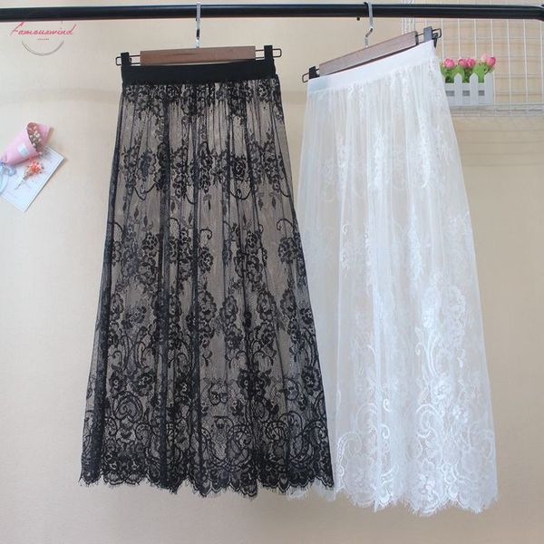 

women lace mesh long skirt vintage summer korean high waist elastic summer a line transparent tulle black white midi skirt 142